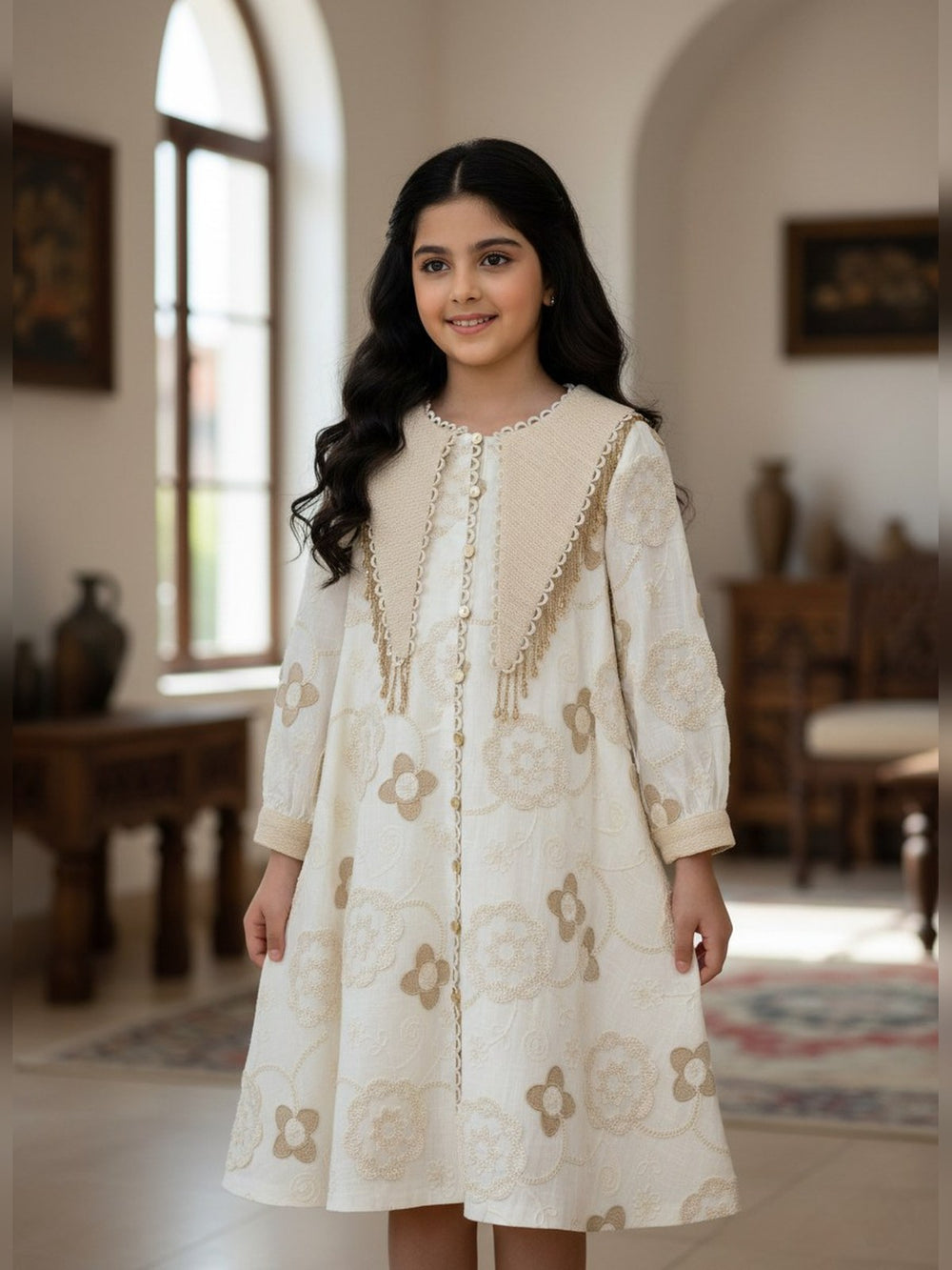 Cream Embroidered Long Dress - Fabulla Fashion