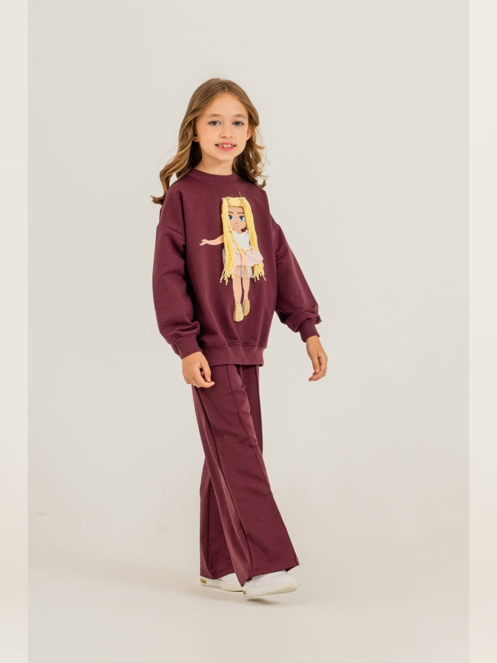 Burgundy Doll Sweatshirt Set - Fabulla Fashion