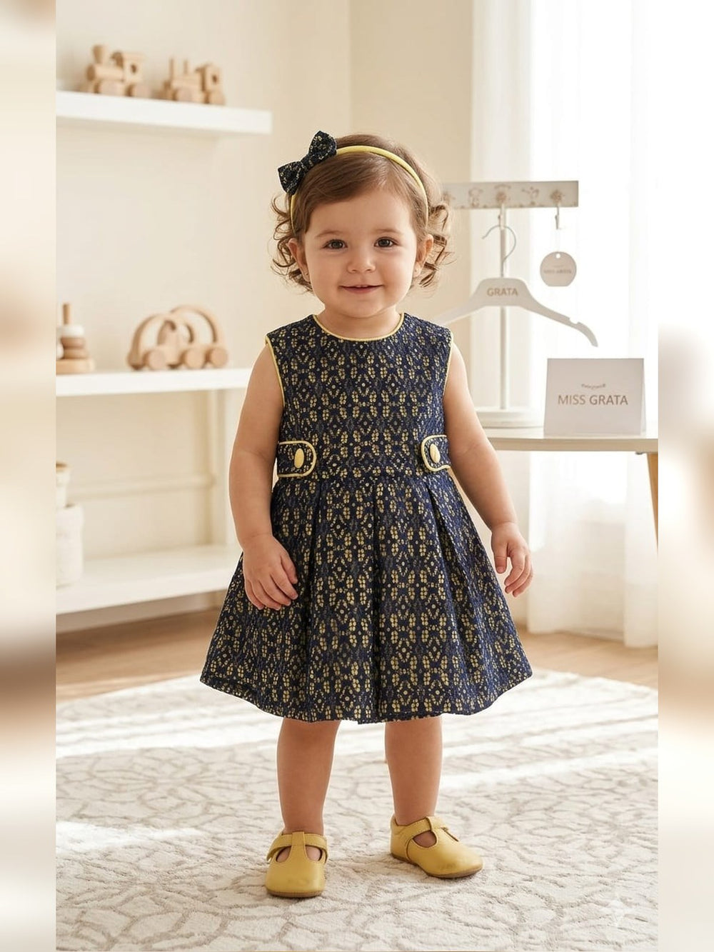 Navy Print Pinafore Dress - Fabulla Fashion
