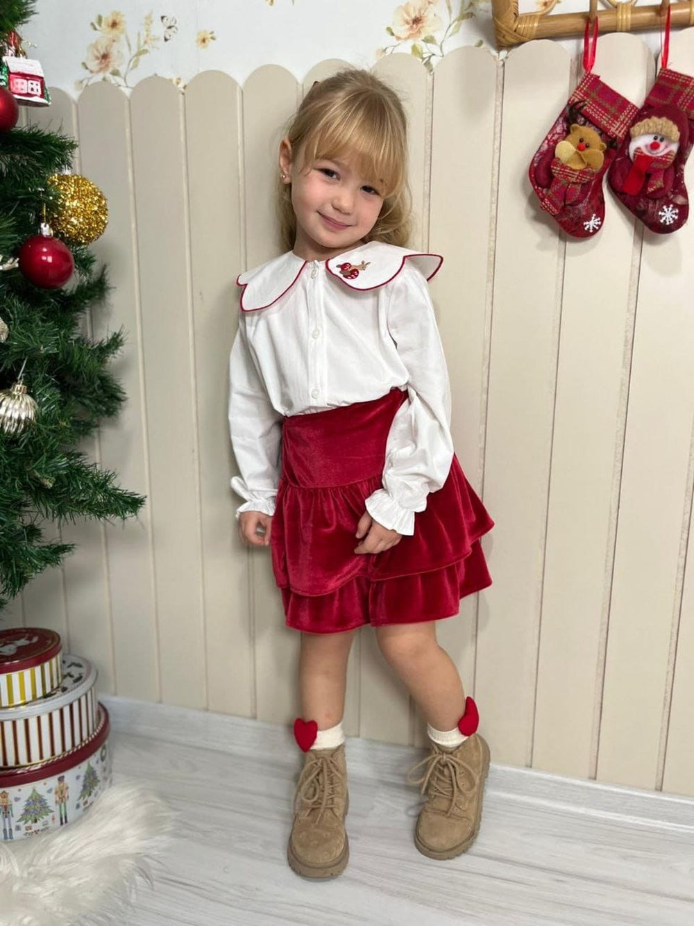White Blouse and Red Velvet Skirt - Fabulla Fashion